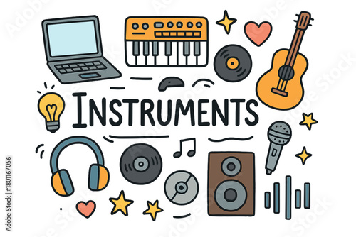 Digital Instruments Doodle. Digital instruments. Hand-drawn doodle illustration of digital instruments. Laptop