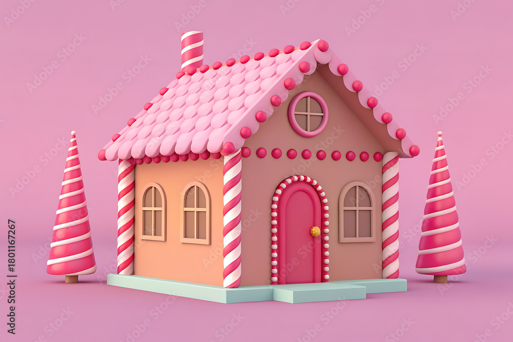 Naklejka premium Whimsical pink gingerbread house with candy cane accents and trees