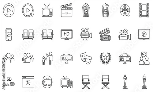 Modern vector outline icons pack for movie and cinema industry, featuring symbols for film production, entertainment streaming, virtual reality, and awards