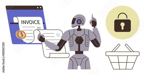 Futuristic robot reviewing invoices near a locked padlock symbol and shopping basket. Ideal for AI, e-commerce, finance automation, digital security, technology, innovation, paperless solutions