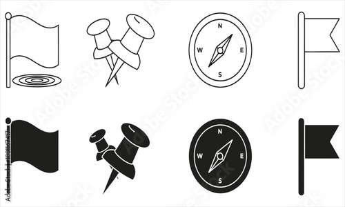 Set of flag, push pin, and compass icons in outline and filled styles for diverse uses