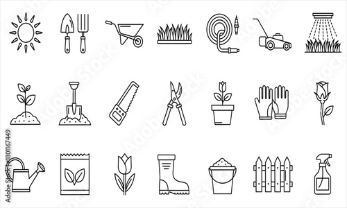 Gardening tools and equipment outline icon collection. A simple vector set for farming, horticulture, and lawn care concepts