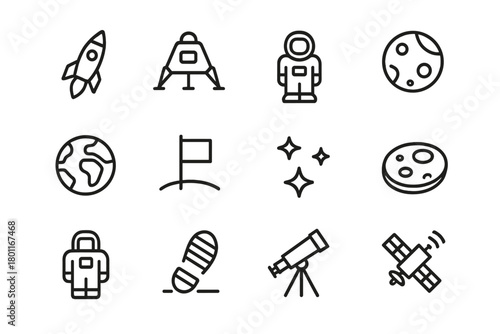 Space Mission Icons. Space mission icons. Line outline icon set of space mission icons: rocket, lunar module,
