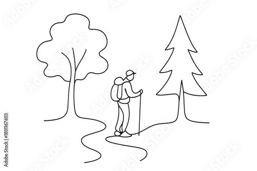 Minimalist Hiking Scene. Nature Solitude. Minimalistic one-line drawing lone hiker paused on trail surrounded