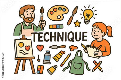 Creative Technique Display. Technique demonstration. Hand-drawn doodle illustration of technique demonstration