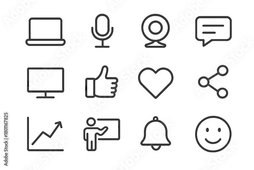 Digital Engagement Icons. Digital engagement icons. Line outline icon set of digital engagement icons: laptop,
