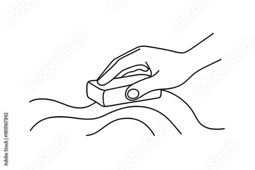 Sanding Elegance. Finishing Touches. Minimalistic one-line drawing hand sanding carved wooden surface,