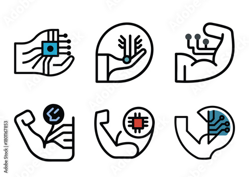 Robotic Augmentation and Human Enhancement Icons set Representing Technological Progress