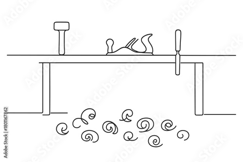 Minimalist Workshop Scene. Artisan Workshop. Minimalistic one-line drawing wood shavings on floor and tools on