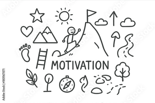 Motivation Doodle Art. Motivation. Hand-drawn doodle illustration of Motivation. In the middle, one slightly