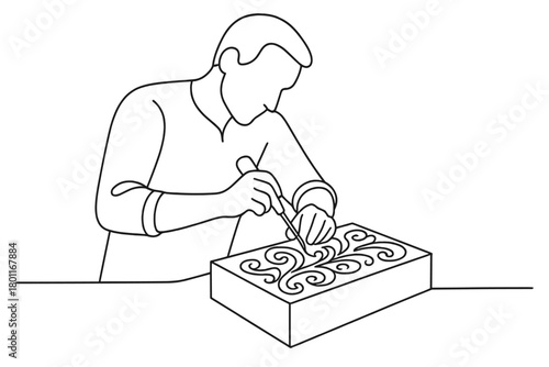 Minimalist Wood Carving. Sculpting. Minimalistic one-line drawing artisan carving intricate pattern into block