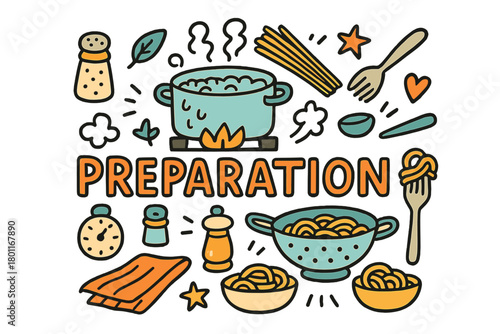 Pasta Preparation Doodle. Pasta preparation. Hand-drawn doodle illustration of pasta preparation. Pot, boiling