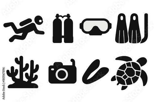 Scuba Diving Icons. Scuba Diving. Filled icon set of Scuba Diving: diver, scuba tank, mask, fins, snorkel,