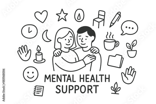 Mental Health Doodle. Mental Health Support. Hand-drawn doodle illustration of Mental Health Support. In the