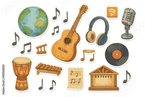 Global Music Stickers. International Music. Realistic hand-painted watercolor style sticker sheet of