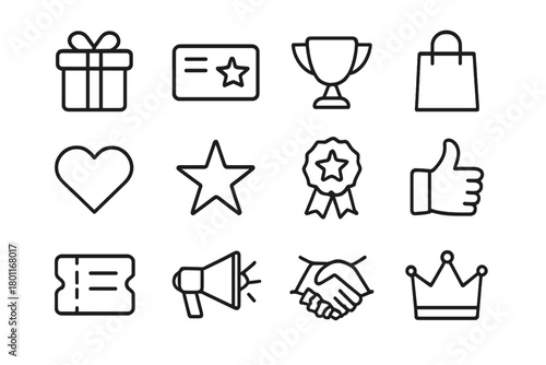 Exclusive Perks Icons. Exclusive perks. Line outline icon set of exclusive perks: gift box, loyalty card,