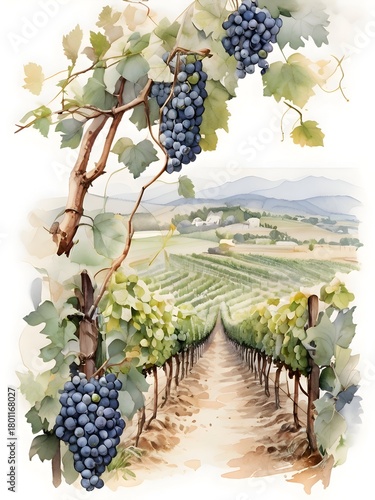 Vineyard Landscape Watercolor Illustration Art