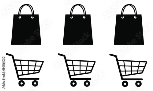 Shopping bag and cart icons in black color, representing online shopping and retail concepts