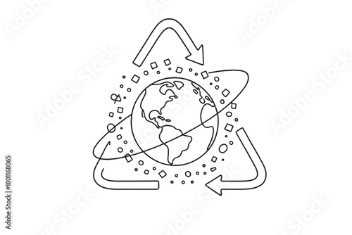 Earth with Debris Rings. Space Sustainability. Minimalistic one-line drawing Earth with orbital debris rings