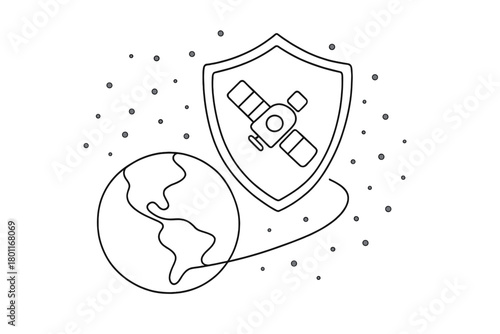 Satellite Shielded in Space. Protecting Space Environment. Minimalistic one-line drawing shielded satellite