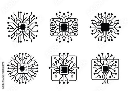Set of innovative microchip design icons with a futuristic aesthetic presentation