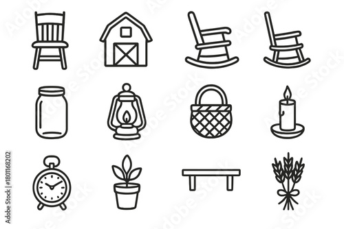 Rustic Charm Icons. Rustic charm icons. Line outline icon set of rustic charm icons: wooden chair, barn,