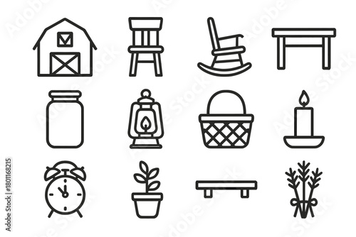 Countryside Home Icons. Countryside home style. Line outline icon set of countryside home style: barn, wooden
