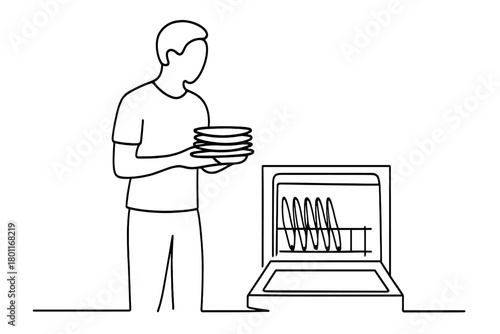 Minimalist Dishwashing Scene. Household Chores. Minimalistic one-line drawing person holding stack of dishes