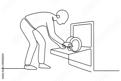 Minimalist Dishwasher Scene. Emptying the Dishwasher. Minimalistic one-line drawing person bending to remove