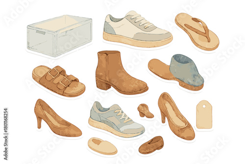 Watercolor Shoe Stickers. Organized Closet. Realistic hand-painted watercolor style sticker sheet of organized