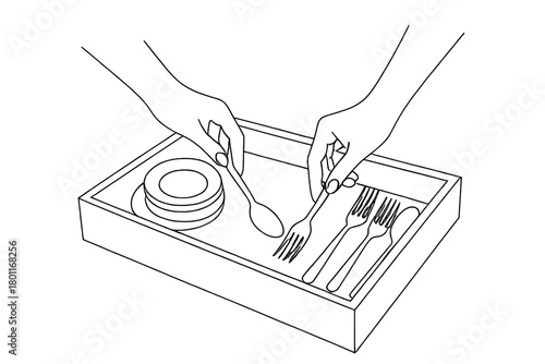 Minimalist Cutlery Arrangement. Dishware Arrangement. Minimalistic one-line drawing hands placing cutlery into