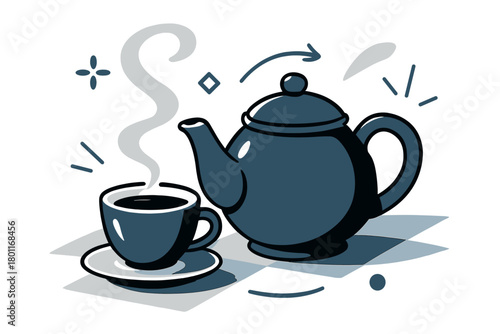 Dynamic Tea Composition. Tea in still life. A teapot and cup align asymmetrically while steam spirals like a