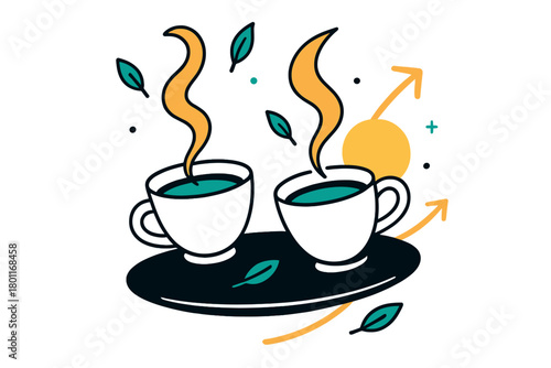 Minimalist Tea Harmony. Tea cups on tray. Steam trails drift like ribbons above two minimalist cups; small