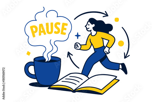 Pause for Tea. Tea break moment. A cup rests beside an open notebook as steam forms a rising “Pause” shape.