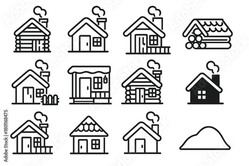 Winter Cabin Icons. Winter cabins. Line outline icon set of Winter cabins: log cabin, chimney smoke, snowy