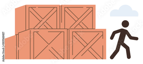 Wooden storage crates neatly stacked, figure walking alongside. Ideal for logistics, shipping, warehouse management, packaging, supply chain, teamwork organization. Simple flat metaphor