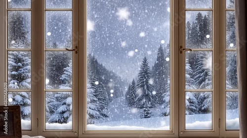 A winter wonderland scene viewed through a window, with falling snow, trees, and a peaceful ambiance. This picture is taken on a snowy day. Stock Video