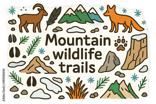 Mountain Wildlife Doodle. Mountain wildlife trails. Hand-drawn doodle illustration of Mountain wildlife trails