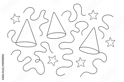 Minimalist Festive Design. Festive decorations flat lay. Minimalistic one-line drawing party hats, serpentine