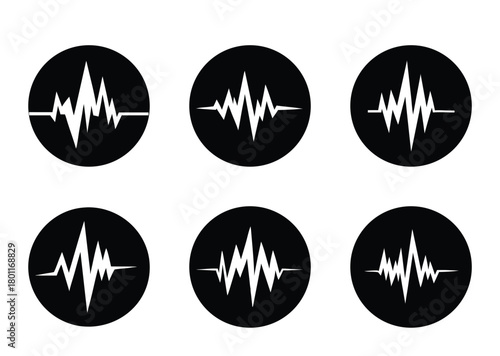 Six circular icons representing seismic wave patterns in black and white