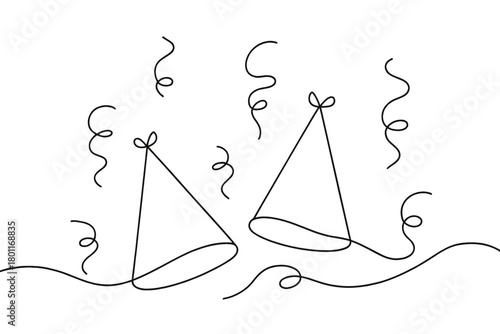 Minimalist Holiday Hats. Holiday celebration flat lay. Minimalistic one-line drawing festive hats with