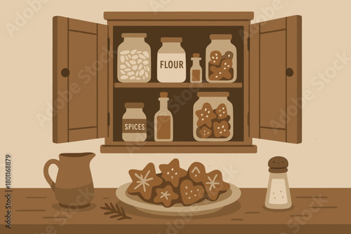 Rustic Christmas Kitchen. Rustic kitchen with Christmas cookies minimalist flat illustration of an old wooden