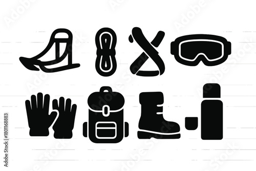 Dog Sledding Gear Icons. Dog sledding gear. Filled icon set of Dog sledding gear: sled frame, rope, harness,
