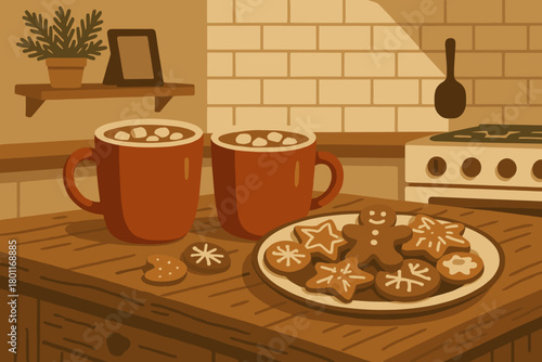 Rustic Christmas Kitchen. Rustic kitchen with Christmas cookies minimalist flat illustration of two mugs of