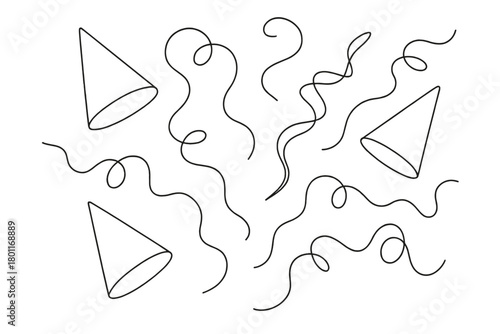 Elegant Celebration Outline. Joyful celebration flat lay. Minimalistic one-line drawing scattered hats and