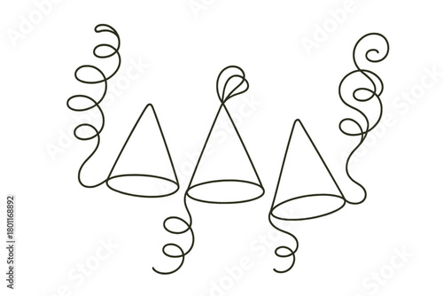 Minimalist Party Hats. Party mood flat lay. Minimalistic one-line drawing playful hats with long twisting