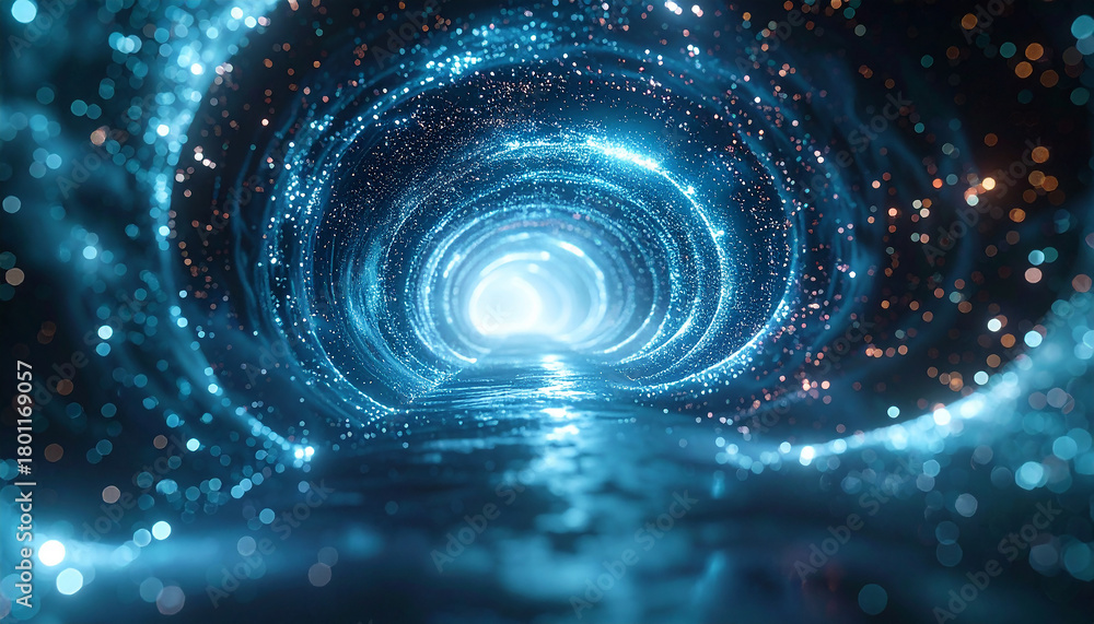 Fototapeta premium Cosmic Tunnel of Light: An awe-inspiring image captures a vibrant, luminous tunnel of light formed by swirling energy and celestial particles.