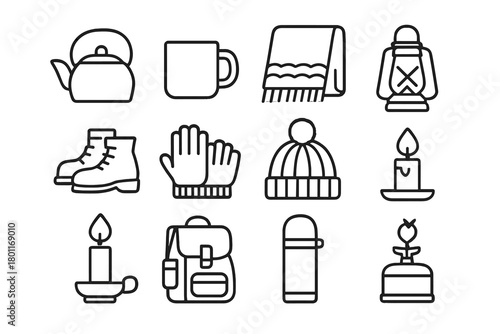 Cabin Essentials Icons. Cabin essentials. Line outline icon set of Cabin essentials: kettle, mug, wool blanket
