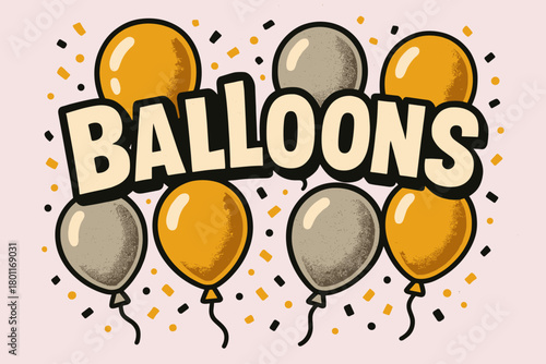 Festive Gold and Silver Balloons. Gold and silver festive balloons. retro sticker block lettering, bold