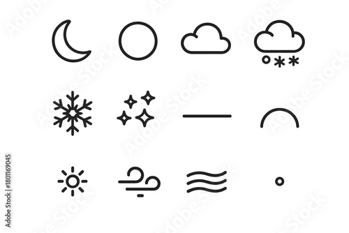 Winter Sky Icons. Winter sky. Line outline icon set of Winter sky: crescent moon, full moon, cloud puff, snow
